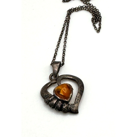 Vintage Sterling Silver Natural Baltic Amber Oval Heart 18" Necklace Chain 24" - Picture 2 of 5